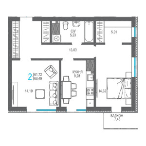 2 комнатная 68.49м²