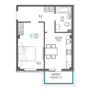 1 комнатная 40.7м²