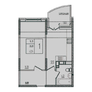 1 комнатная 42.24м²