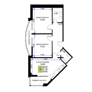 2 комнатная 65.6м²