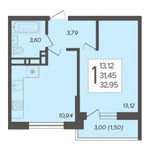 1 комнатная 32.95м²