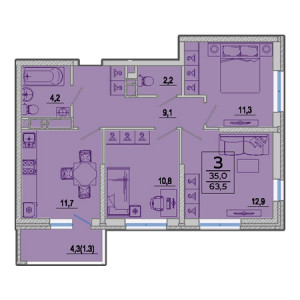 3 комнатная 63.5м²