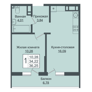 1 комнатная 36.25м²