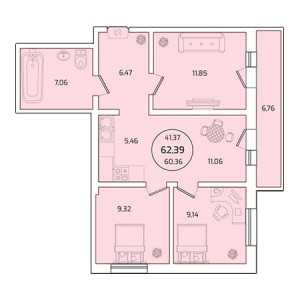 3 комнатная 62.39м²