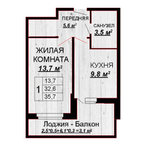 1 комнатная 35.7м²