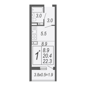 Студия 22.3м²