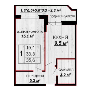 1 комнатная 35.6м²