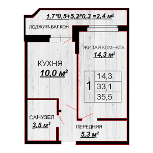 1 комнатная 35.5м²