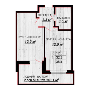 1 комнатная 35.4м²