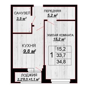 1 комнатная 34.8м²