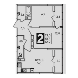 2 комнатная 54.7м²