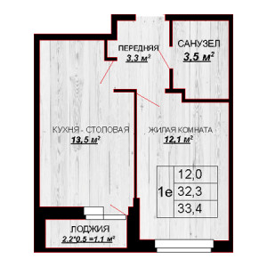 1 комнатная 33.4м²