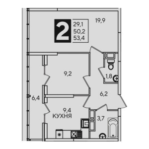 2 комнатная 53.4м²