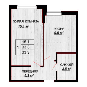 1 комнатная 33.3м²