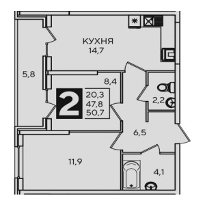 2 комнатная 50.7м²