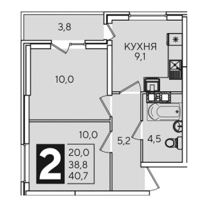 2 комнатная 40.7м²