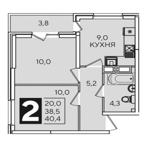 2 комнатная 40.4м²