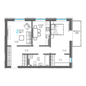 2 комнатная 66.17м²