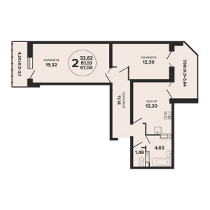 2 комнатная 67.04м²