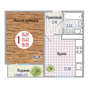 1 комнатная 36.95м²