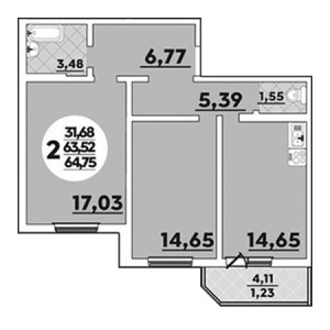 2 комнатная 64.75м²