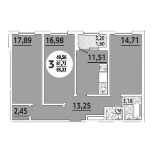 3 комнатная 83.33м²