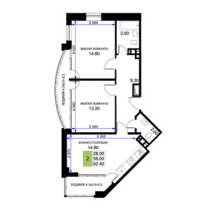 2 комнатная 62.4м²