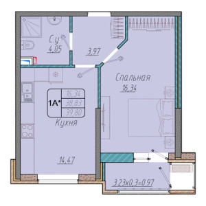 1 комнатная 39.8м²