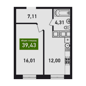 1 комнатная 39.43м²