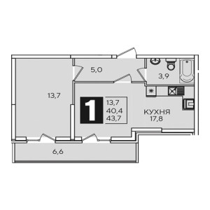 1 комнатная 43.7м²