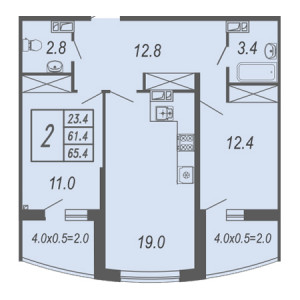 2 комнатная 65.4м²