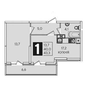 1 комнатная 43.3м²