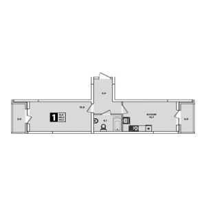 1 комнатная 43.2м²