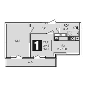 1 комнатная 43.1м²