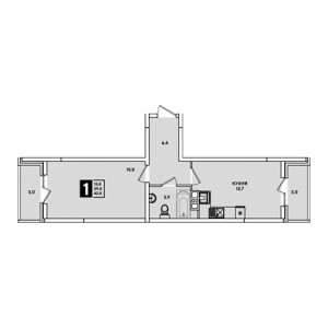 1 комнатная 42.8м²