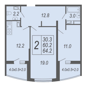 2 комнатная 64.2м²