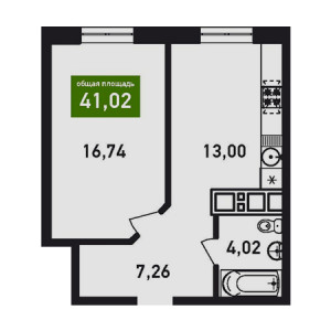 1 комнатная 41.02м²