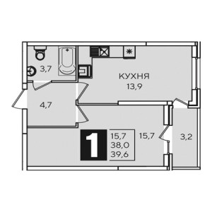 1 комнатная 39.6м²