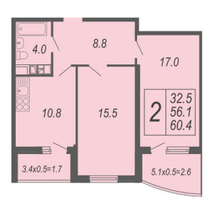 2 комнатная 60.4м²