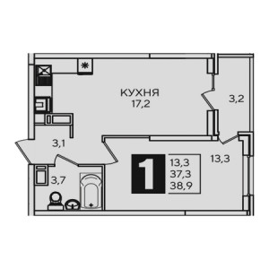 1 комнатная 38.9м²