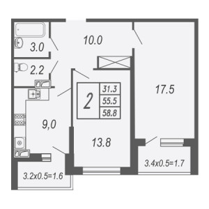 2 комнатная 58.8м²