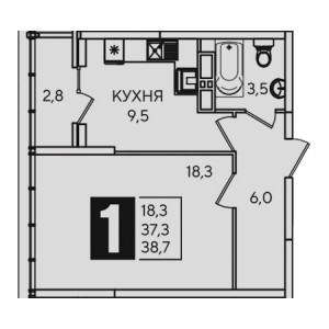 1 комнатная 38.7м²