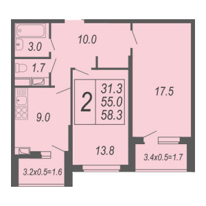 2 комнатная 58.3м²