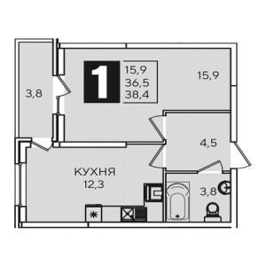 1 комнатная 38.4м²