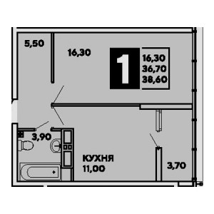 1 комнатная 38.6м²