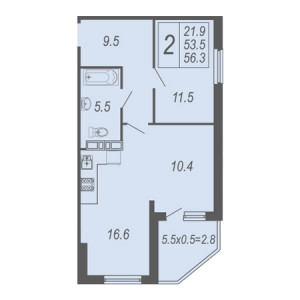 1 комнатная 56.3м²