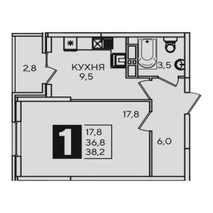 1 комнатная 38.2м²