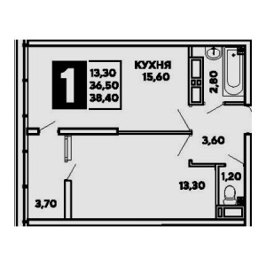 1 комнатная 38.4м²