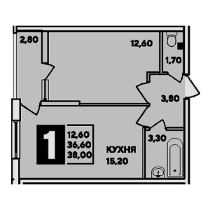 1 комнатная 38м²