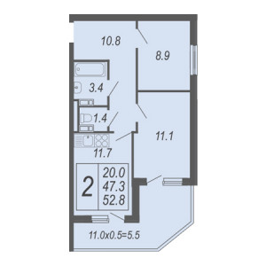 2 комнатная 52.8м²